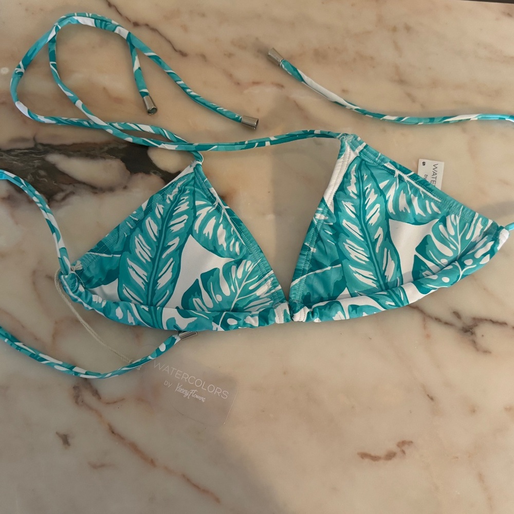 NWT Kenny Rogers Watercolors Bikini - white and turquoise palm leaf print